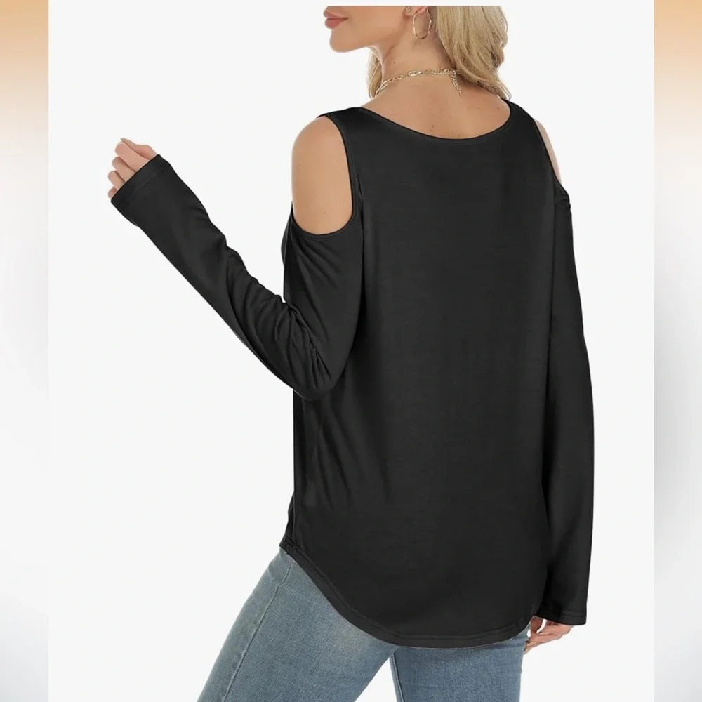 🆕 Cold-Shoulder V-Neck Long Sleeve Top - Black - Picture 5 of 8